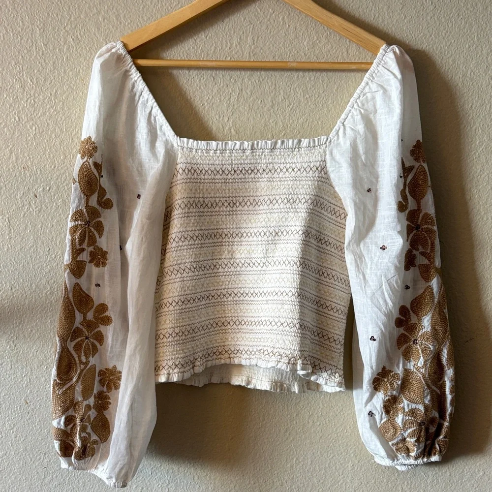 Anthropologie White Cropped Peasant Top with Tan Embroidered Sleeves